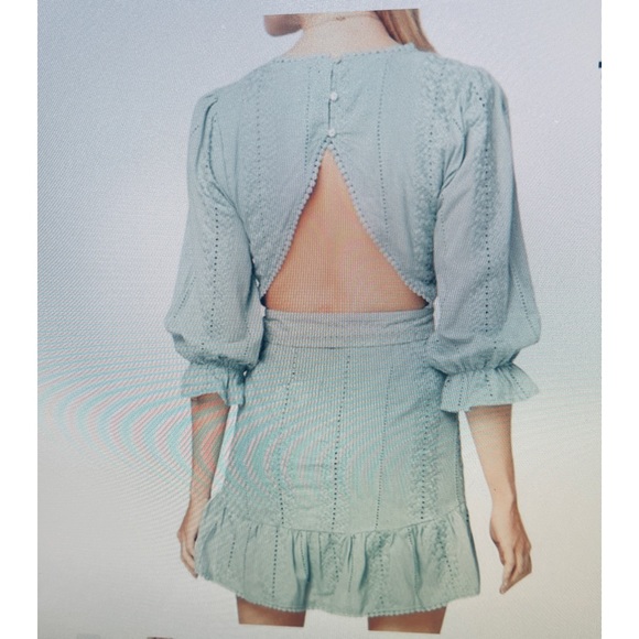 Eyelet Backless Mini Dress w/ round neckline and puff sleeves. Teal color - Picture 4 of 8